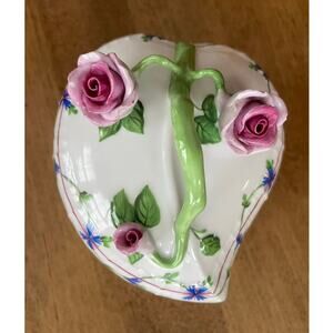 Herend Heart Shaped Trinket Box Blue Garland Flowers Hand Painted Hungary